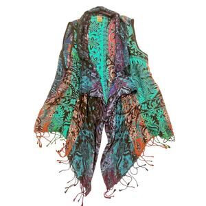 Sanu Boho Paisley Vest L Open Front Fringe Hem Festival Duster